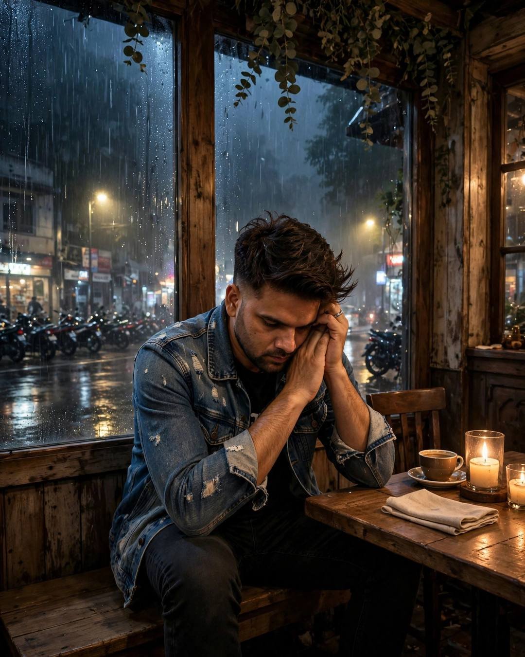 Young Indian man in a distressed denim jacket resting his head in his hands at a cafe table by a rain-streaked window at night, candles burning