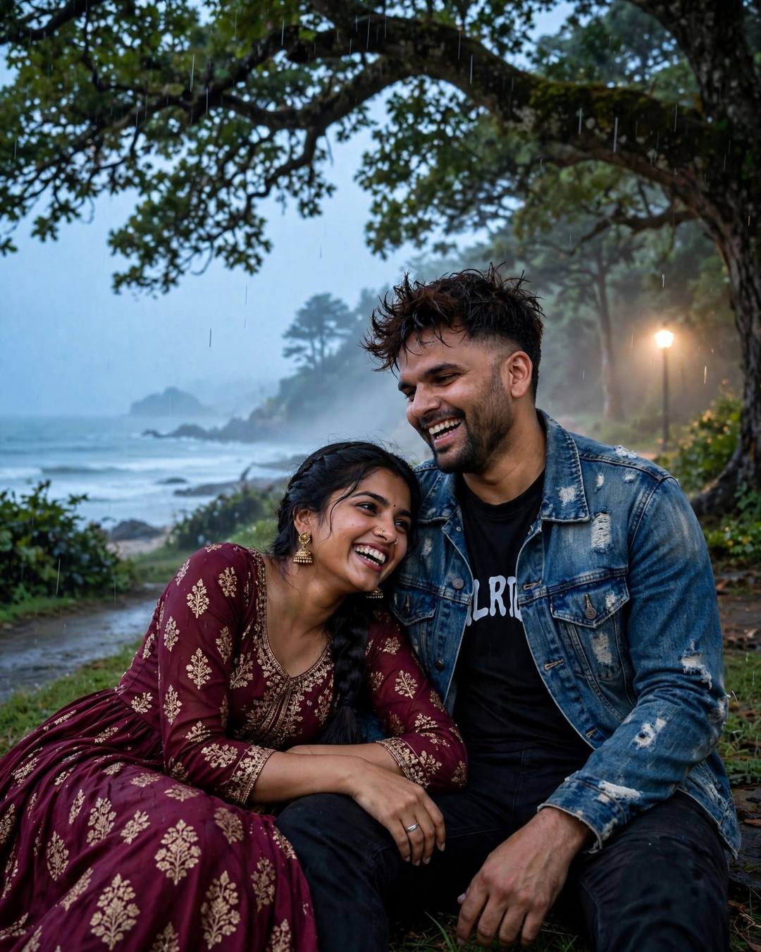 Young couple laughing together under a tree in light rain, maroon anarkali with jhumkas and denim jacket, sea and sodium lamp beyond, cinematic portrait