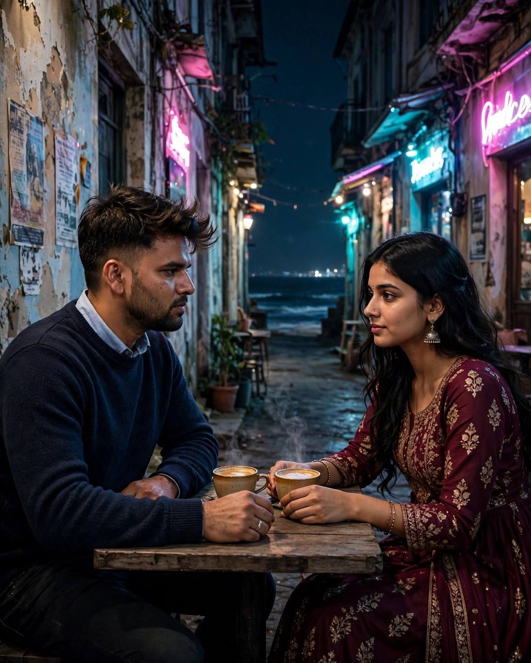 Young couple seated across a small table in a narrow neon-lit lane at midnight, steaming coffee cups, sea at the lane's end, cinematic portrait