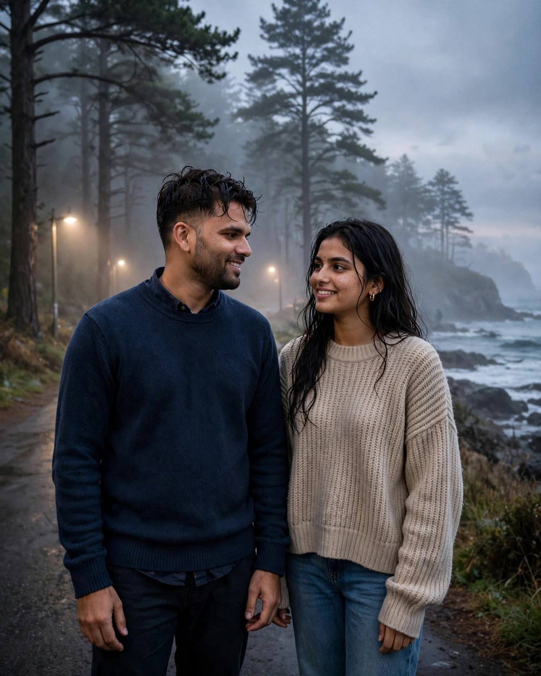 Young couple standing close and smiling on a misty pine forest path by a rocky coast, streetlights glowing through fog, sea beyond, cinematic portrait