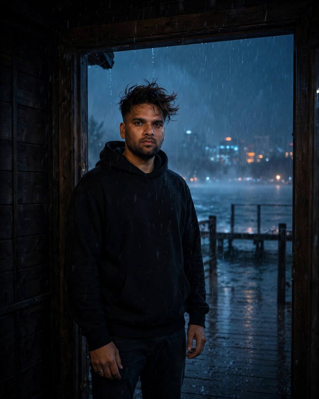 Young man in a black oversized hoodie standing half in shadow in a wooden doorway by a lake pier at midnight, drizzle, city lights across the water, cinematic portrait