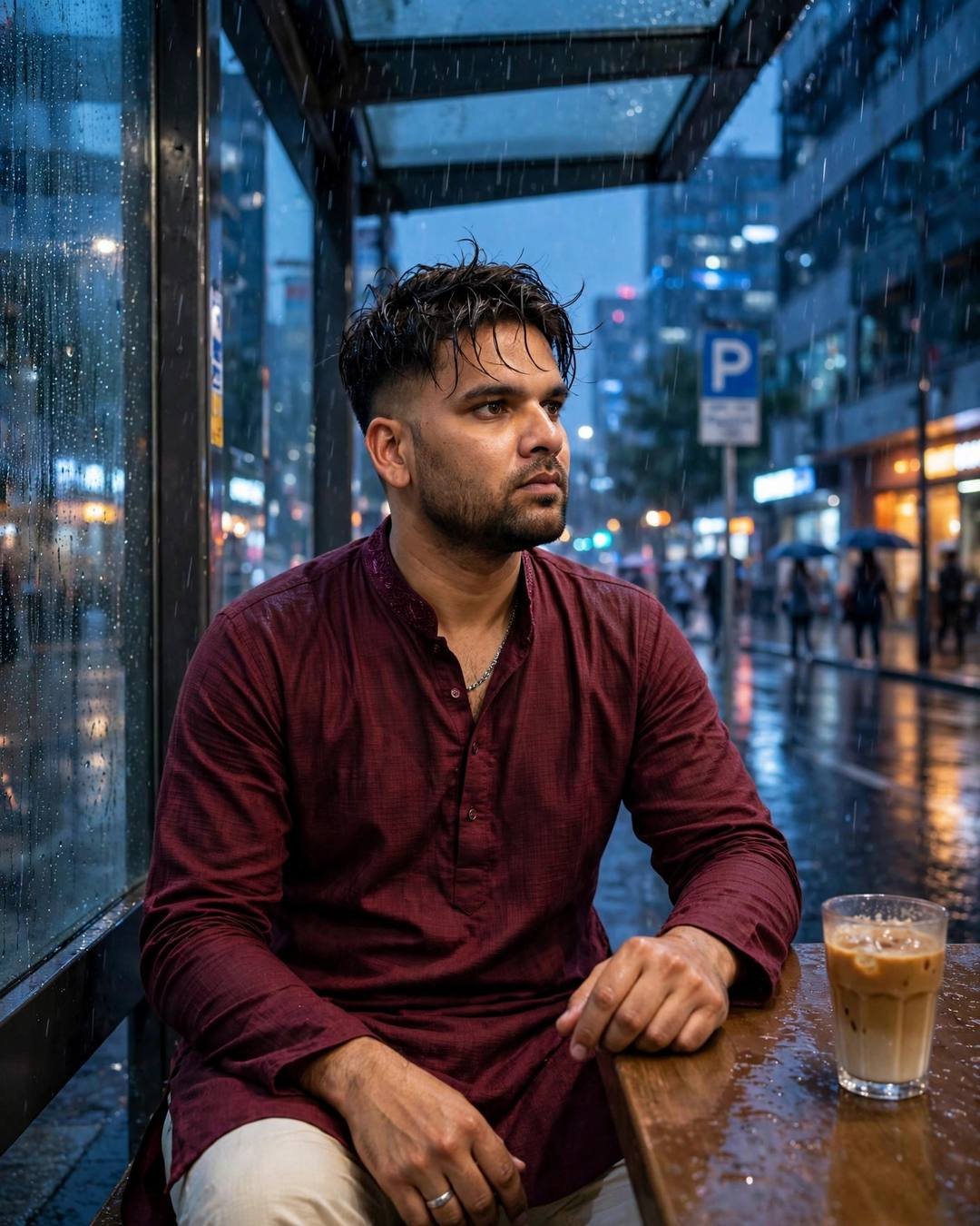 Young man in a maroon kurta seated at a table with cold coffee under a rainy bus-stop awning, blue hour city glow, rain on glass, cinematic portrait