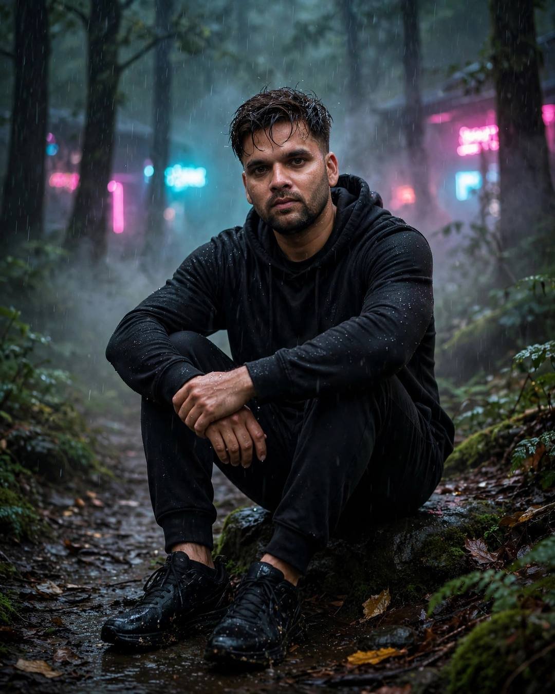 Young man in all-black streetwear crouched with knees drawn up on a misty forest path at night, neon pink and cyan light spill through drizzle, cinematic portrait