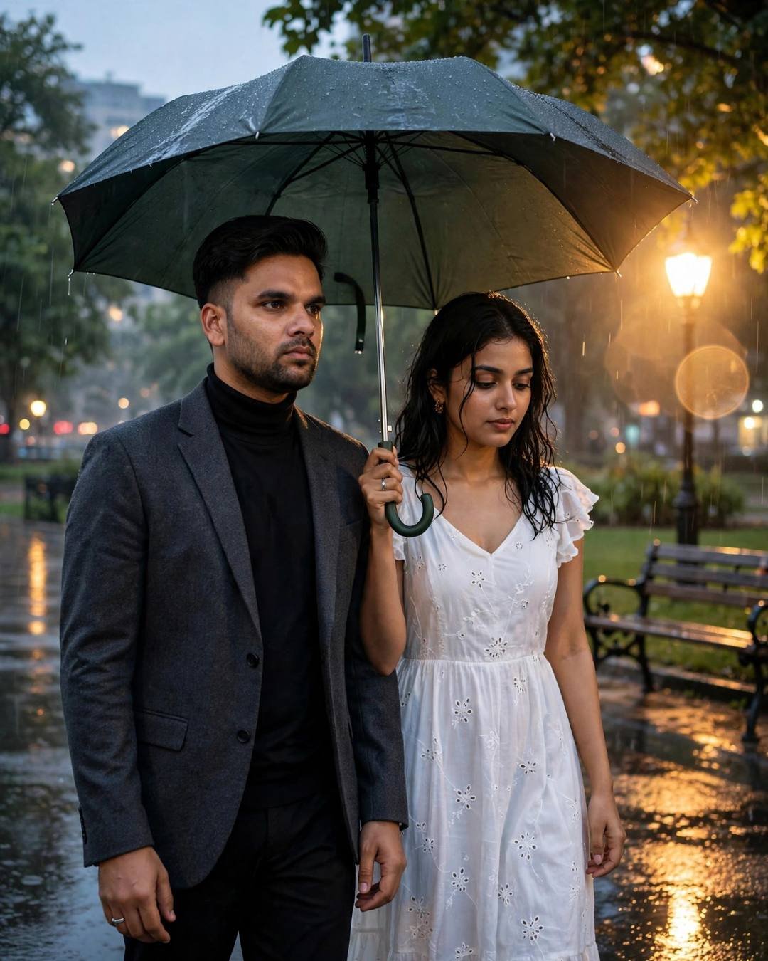 Young Indian couple sharing an umbrella in a rain-soaked park at dusk, man in charcoal blazer and black turtleneck, woman in white summer dress, golden backlight
