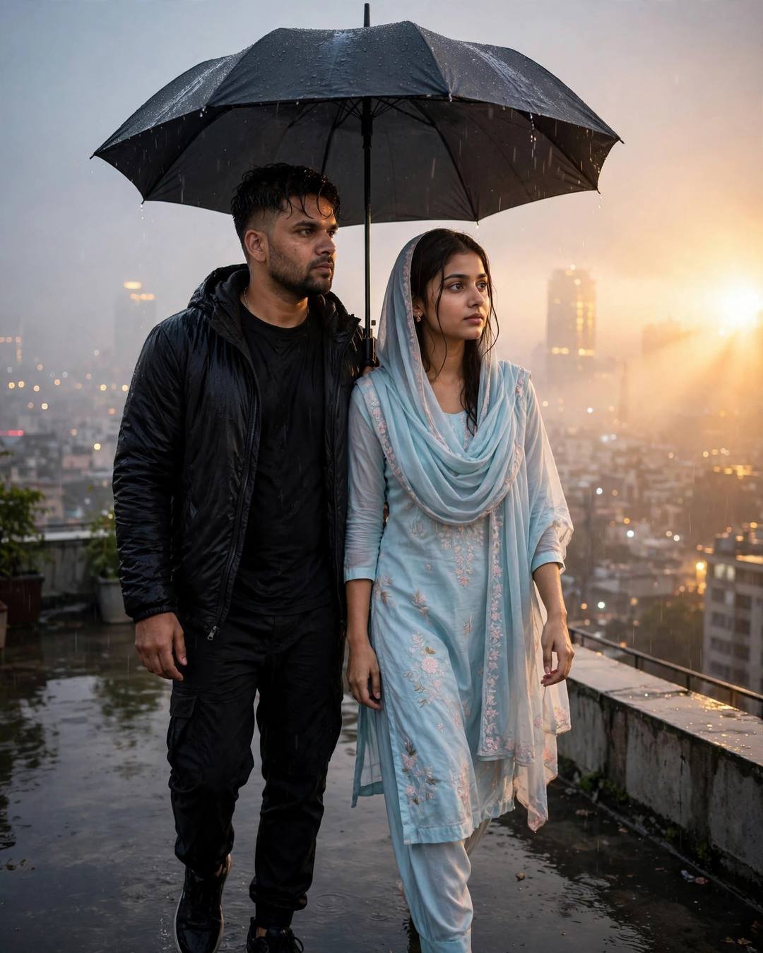 Young Indian couple under one umbrella on a rain-wet rooftop, man in all-black streetwear, woman in pastel salwar-kameez, golden city glowing through fog