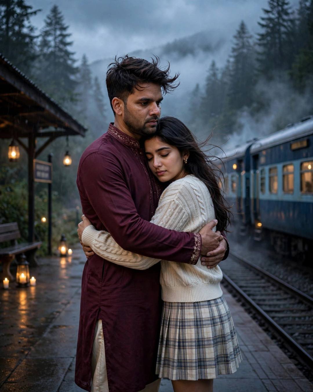 Young Indian couple in a final embrace on a misty railway platform, man in maroon kurta, woman in cream knit top and plaid skirt, train waiting in the fog