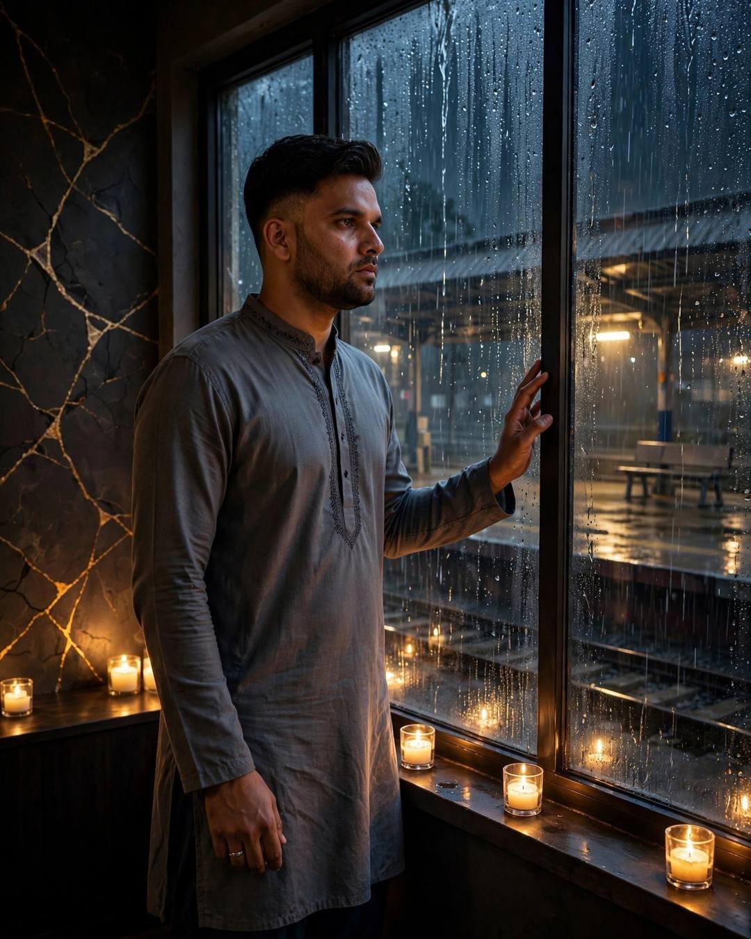 Young Indian man in grey kurta with hand on rain-streaked window at an empty railway platform at night, candles glowing, gold kintsugi cracks