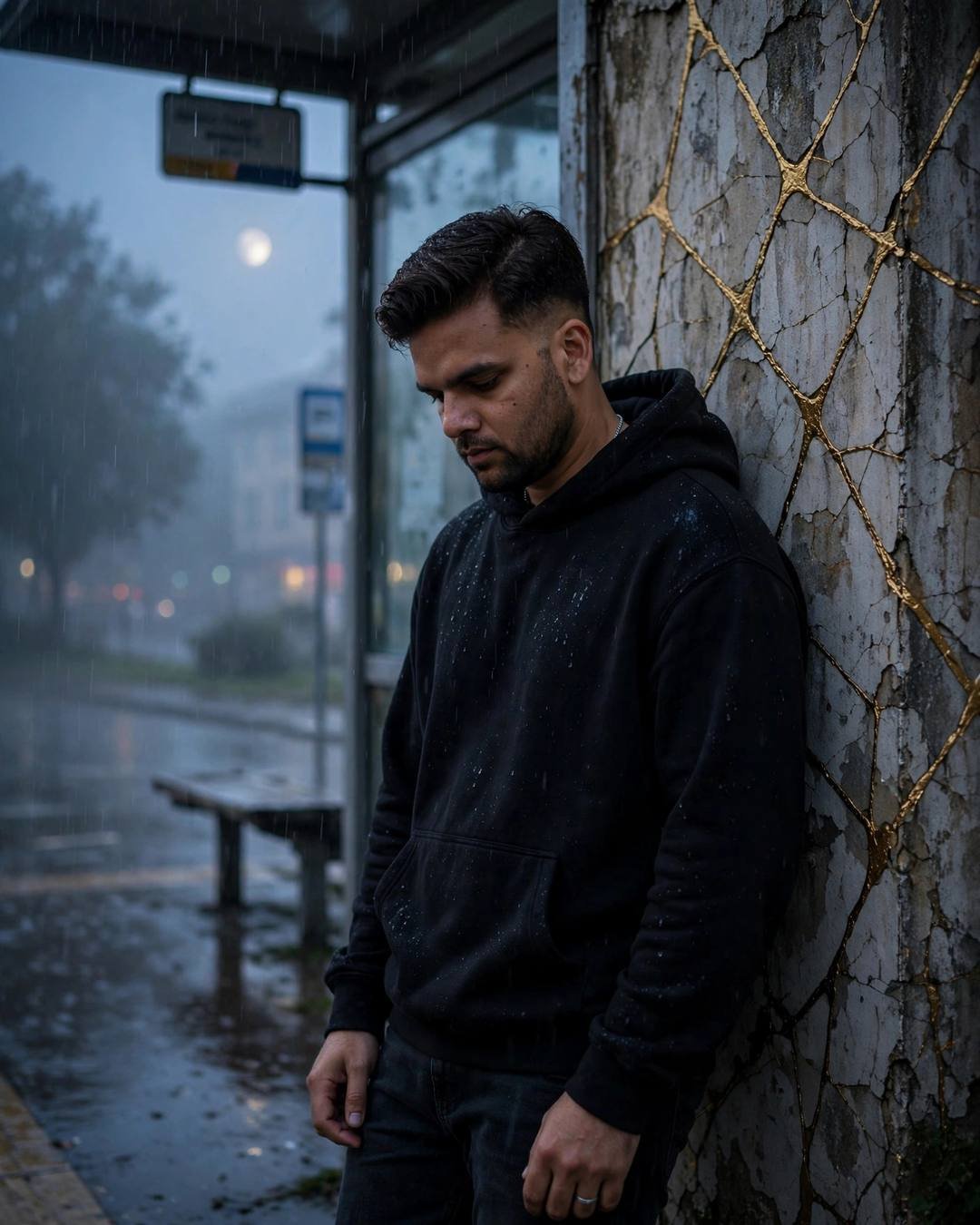 Young Indian man in black hoodie leaning against a gold-cracked wall at a rainy bus stop at night, moon glowing through fog