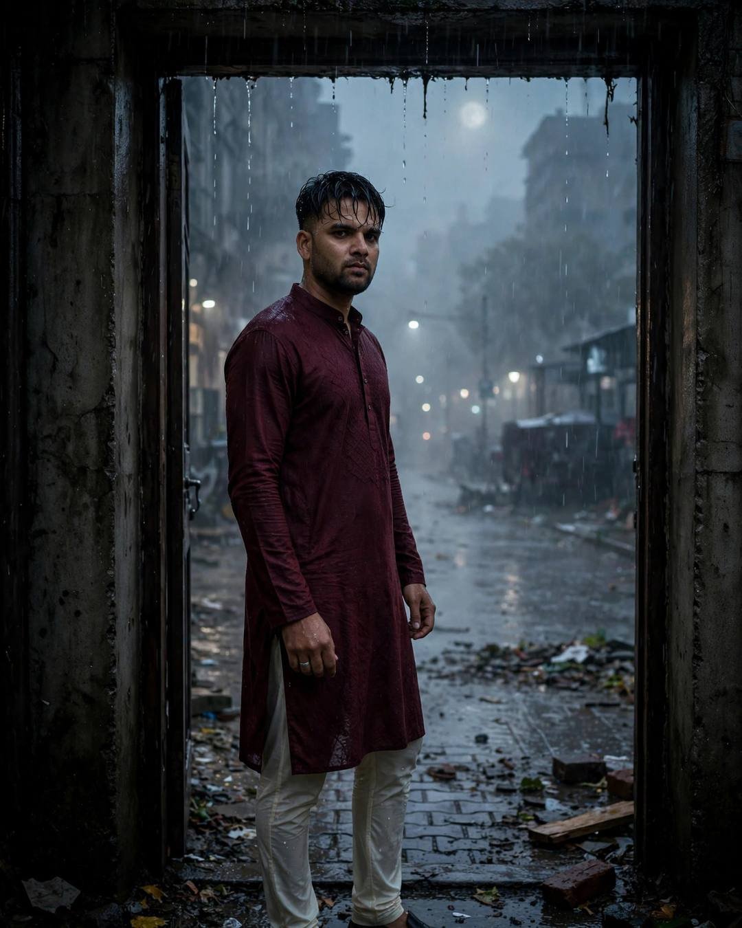 Young Indian man in maroon kurta standing in a dark doorway facing a foggy rain-soaked street at dawn