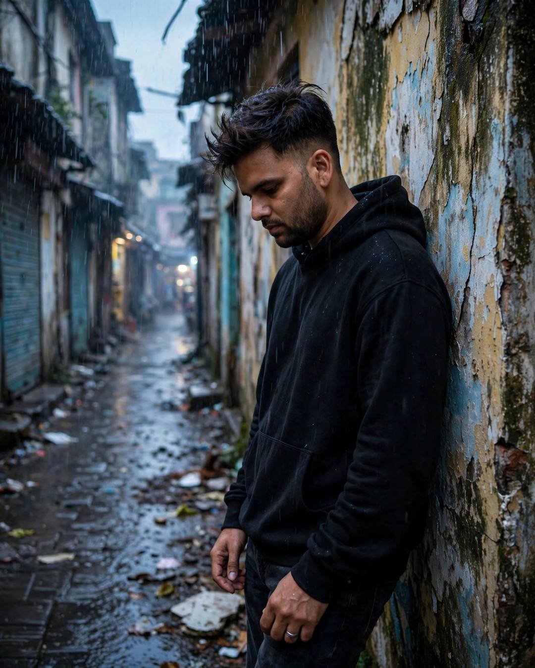 Young Indian man in black hoodie leaning against a weathered wall in a rainy old-city lane at blue hour, head bowed