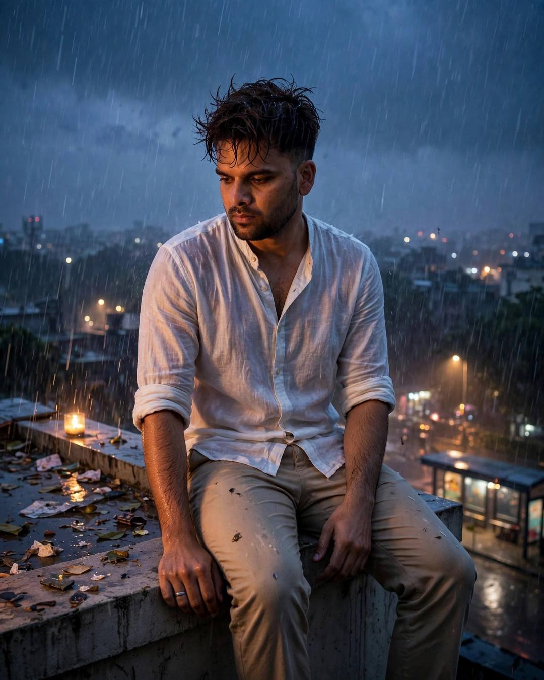Young Indian man in wet white linen shirt sitting on a rainy rooftop ledge at blue hour beside a lit candle