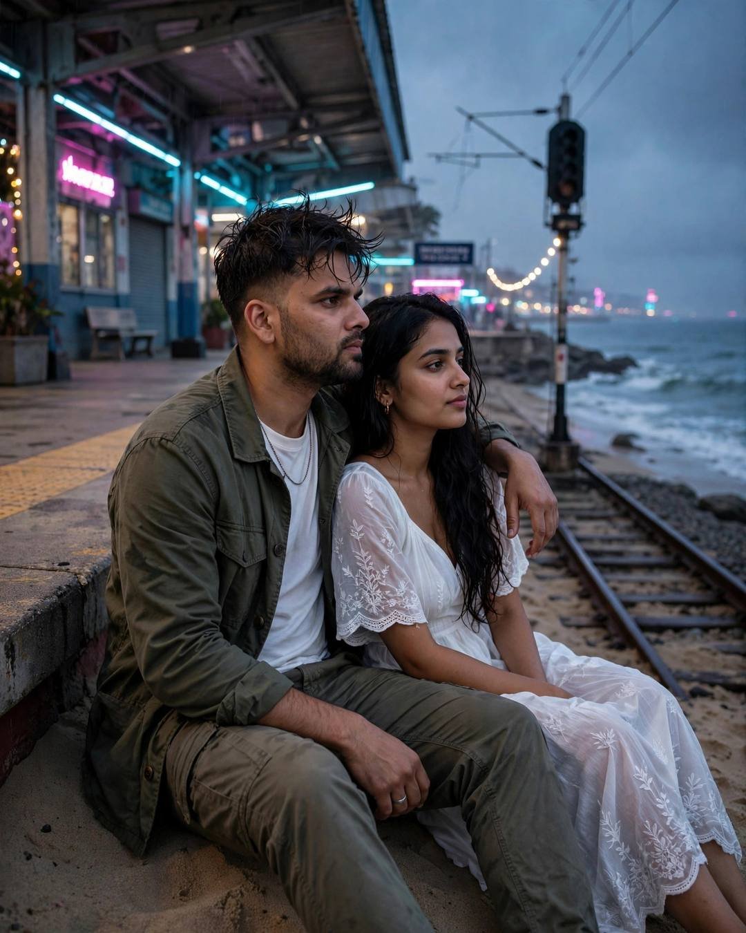 Young couple seated on sand beside railway tracks by the sea at blue hour, neon pink and cyan spill, flowing white dress and field jacket, cinematic portrait