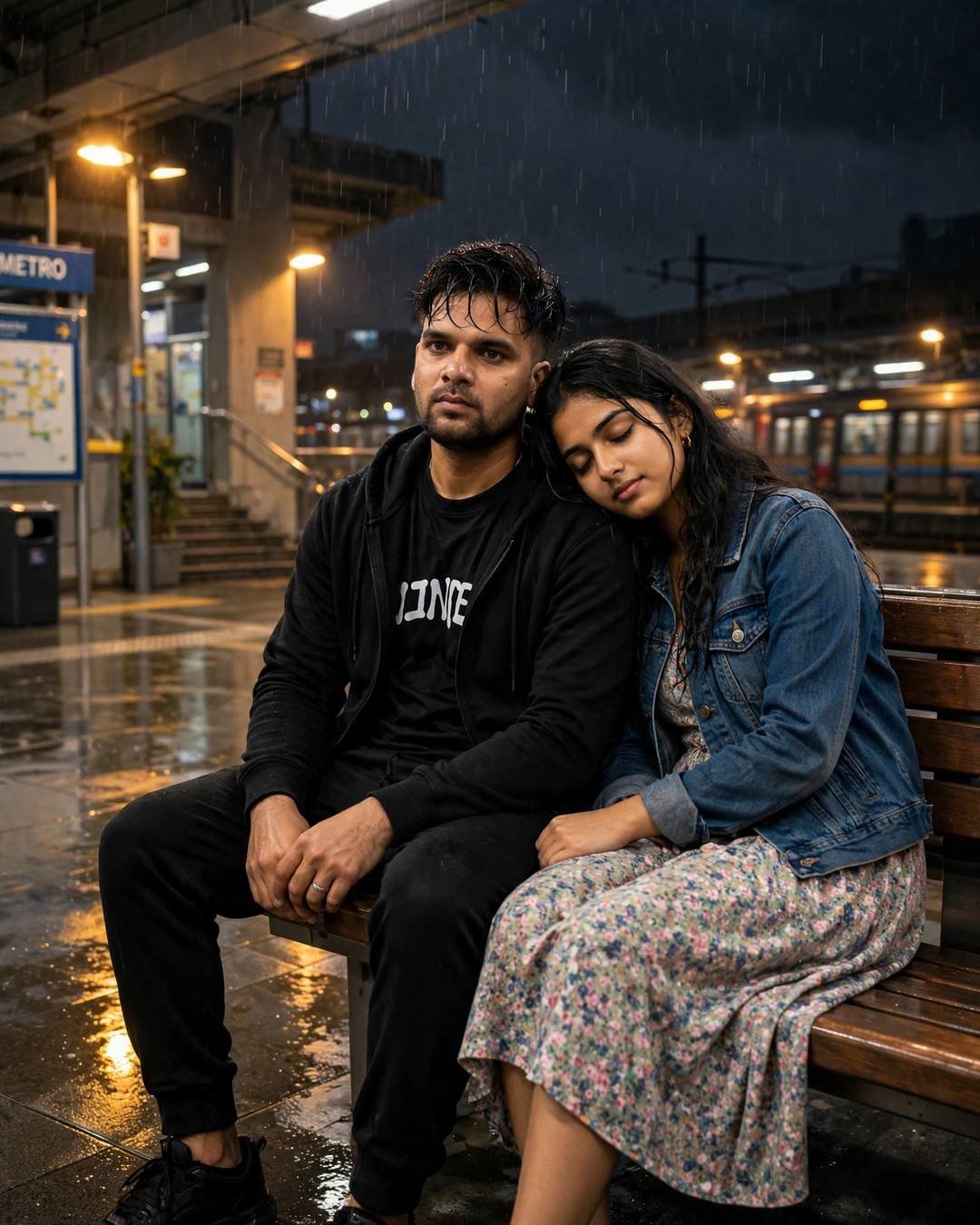 Couple sitting close on a bench at a midnight metro station in the rain, her head on his shoulder, man in all-black streetwear, woman in denim jacket over floral dress