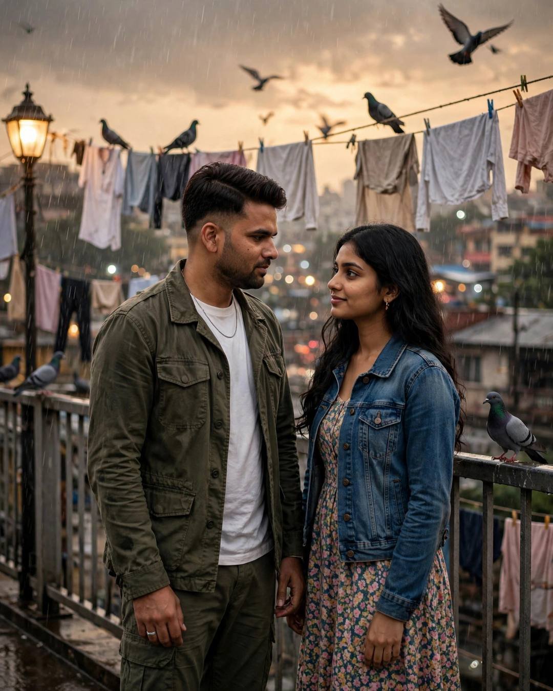 Couple standing face to face on a rain-swept terrace with drying clothes lines and pigeons, man in olive field jacket, woman in denim jacket over floral dress, golden-hour light