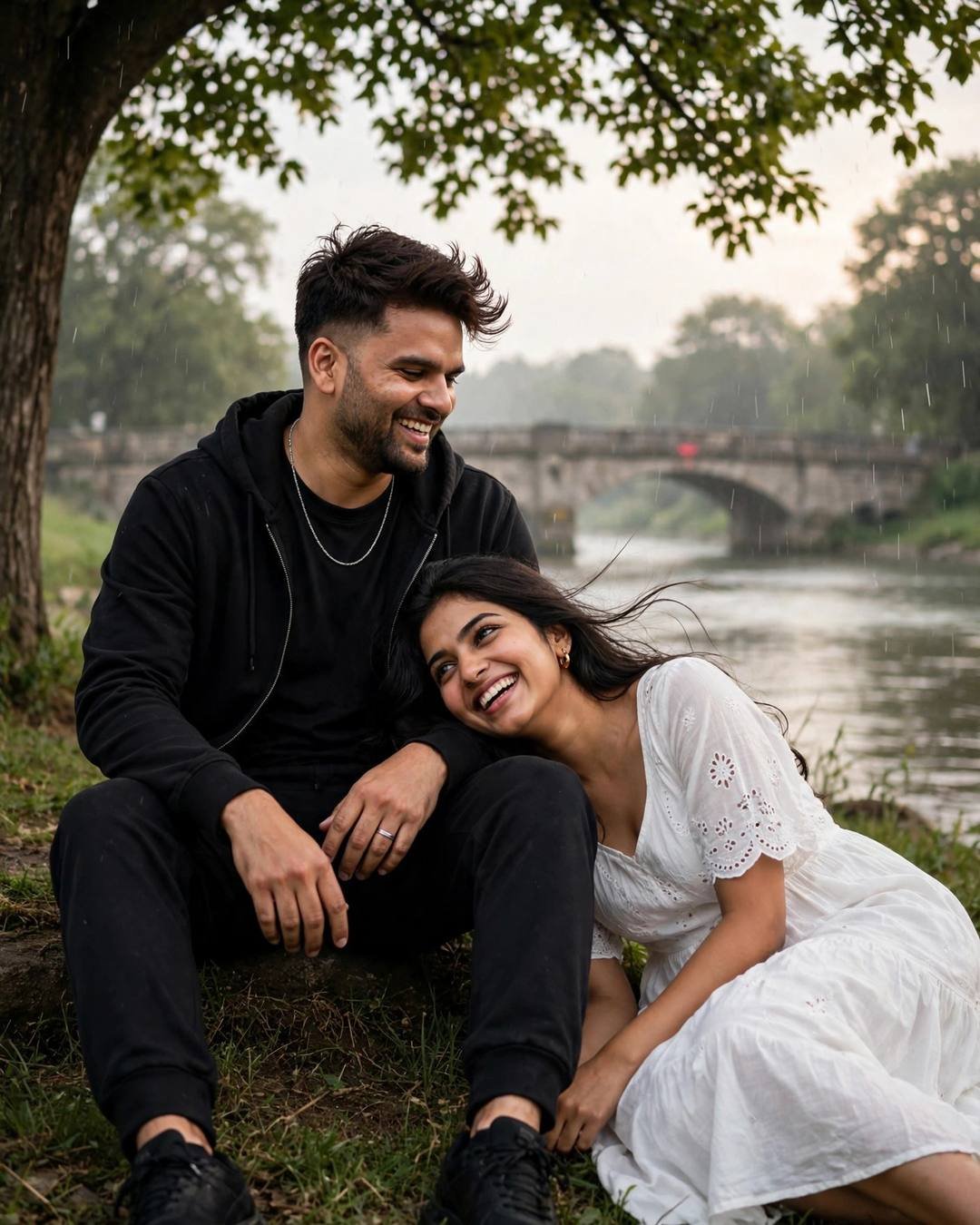 Couple laughing together on a riverbank under a tree in drizzle, woman reclined with her head in his lap, man in all-black streetwear, woman in flowing white summer dress, stone bridge behind