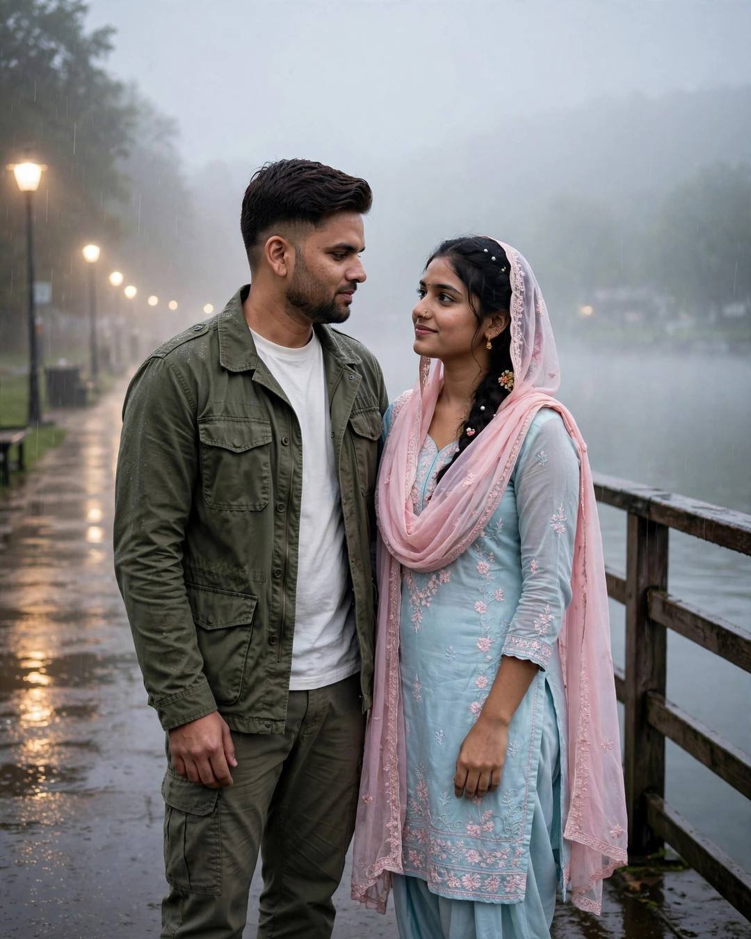 Couple standing face to face looking at each other on a lakeside promenade in drizzle at midnight, man in olive field jacket, woman in pastel salwar-kameez with pink dupatta, streetlights glowing