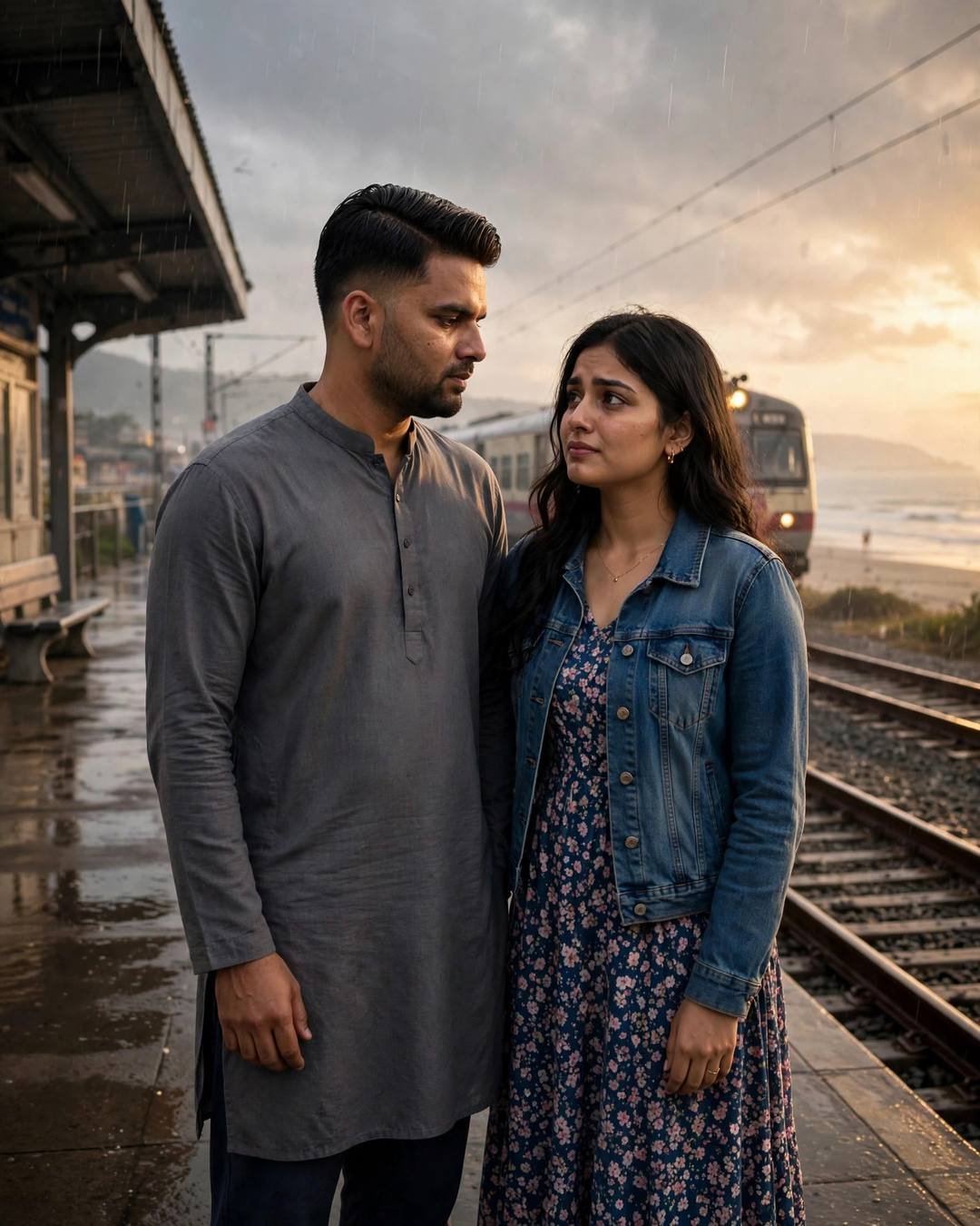 Couple standing face to face looking at each other on a railway platform at dawn in drizzle, train waiting behind, man in grey kurta, woman in denim jacket over floral dress