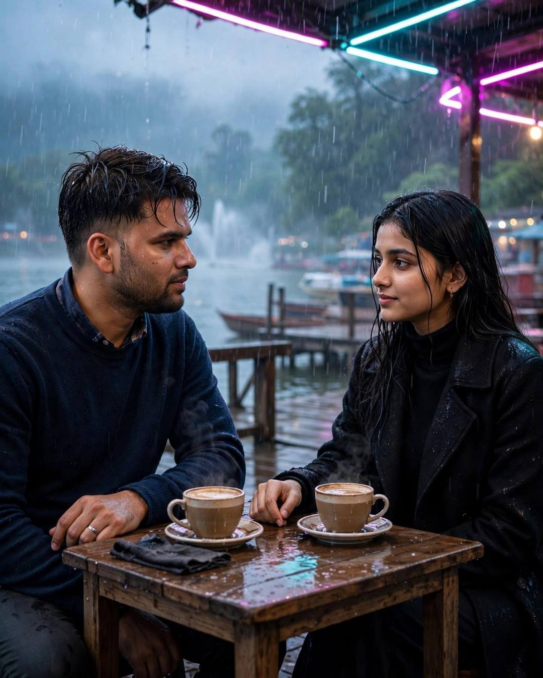 Couple sitting across a cafe table on a wooden lake pier at dawn in heavy rain, two steaming cups, hands almost touching, man in navy sweater, woman in black turtleneck, neon pink and cyan overhead