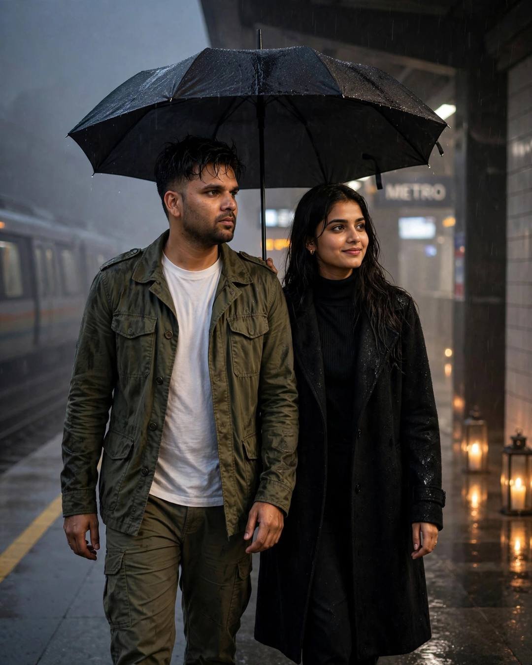 Couple walking under one black umbrella on a foggy midnight metro platform, shoulders touching, man in olive field jacket, woman in black turtleneck and long coat