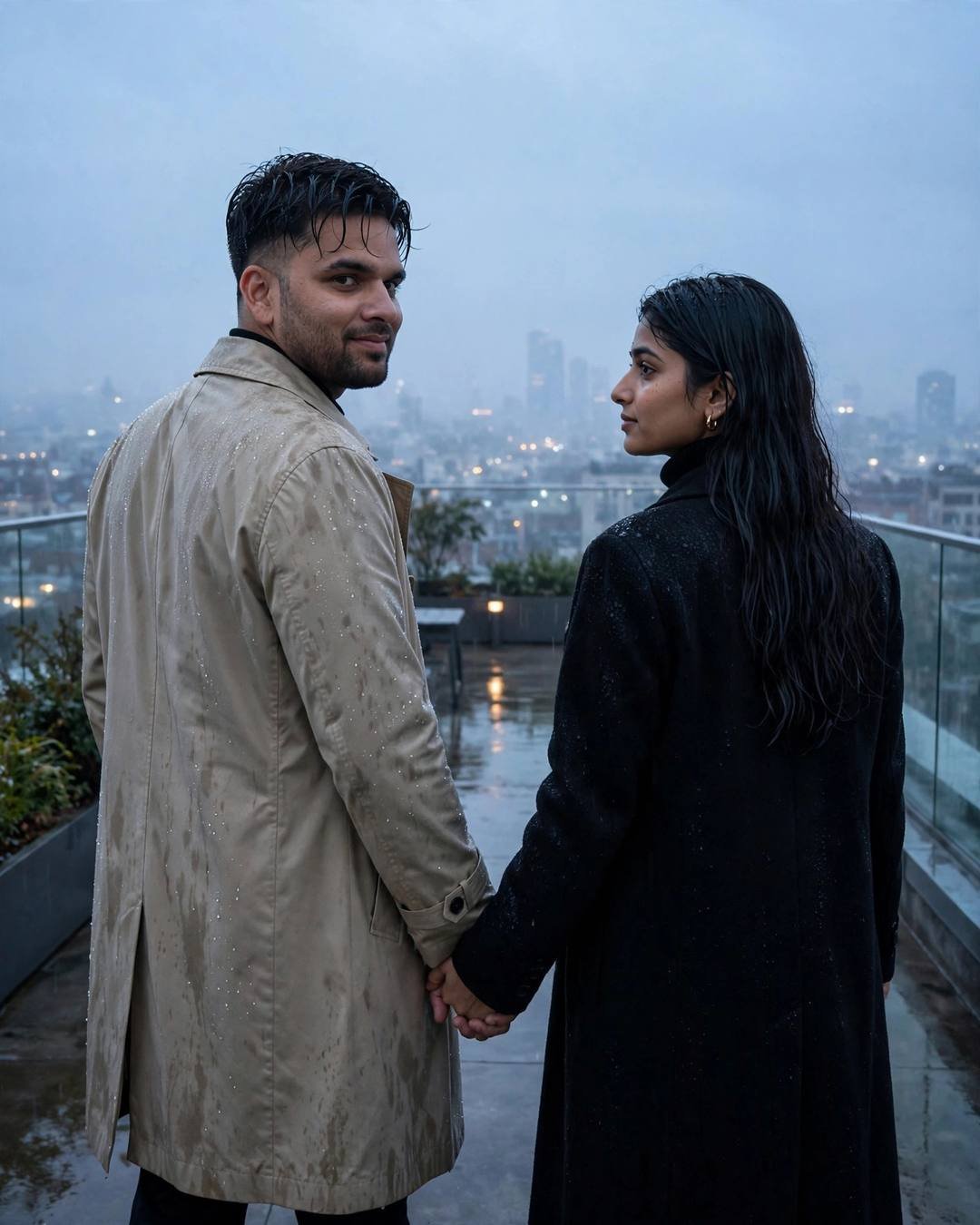 Couple walking hand in hand away from the camera on a rooftop overlooking a sleeping city at dawn, man in beige trench coat, woman in black turtleneck and long coat
