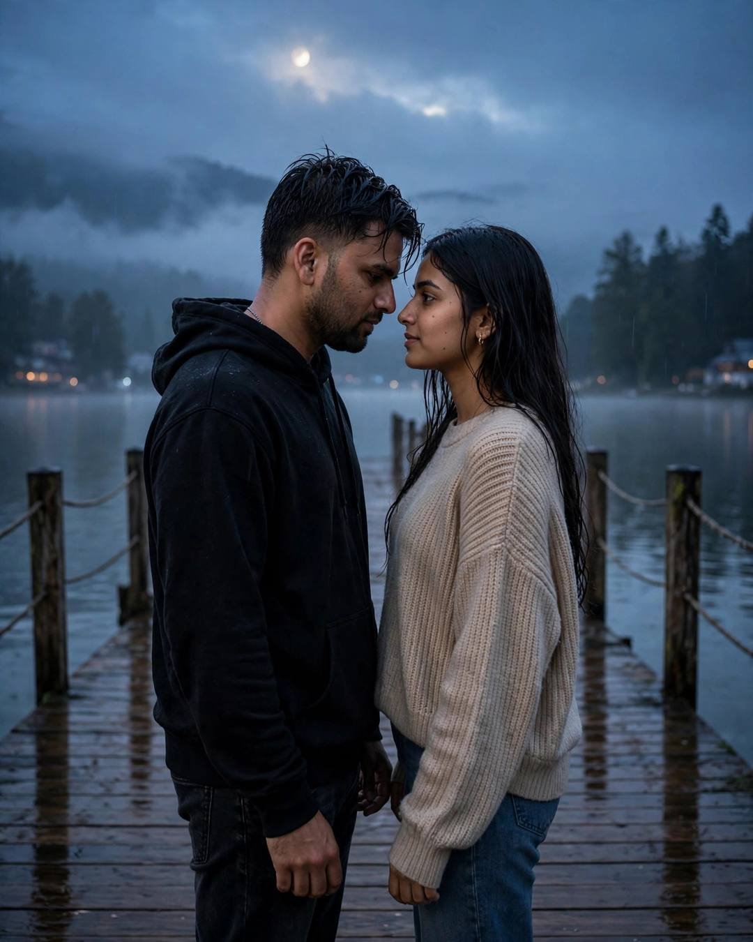 Couple standing face to face with foreheads almost touching on a wooden lake pier at dawn, man in black oversized hoodie, woman in oversized beige sweater, moon behind clouds