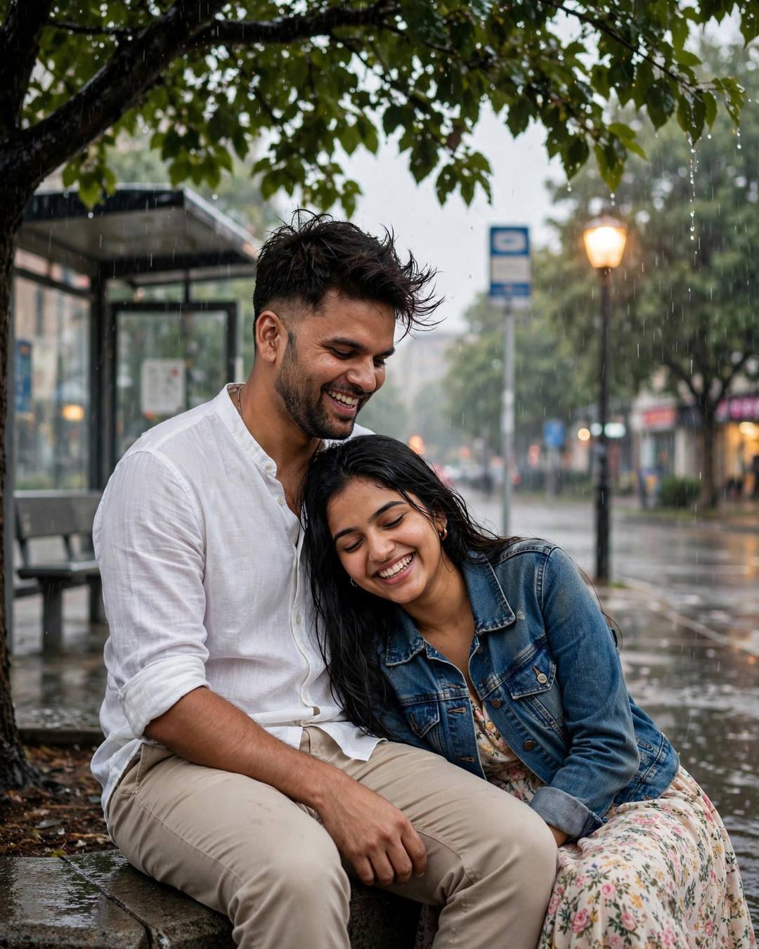 Couple sitting under a neem tree at a rainy bus stop, her head on his shoulder, both laughing, man in white linen shirt, woman in denim jacket over floral dress