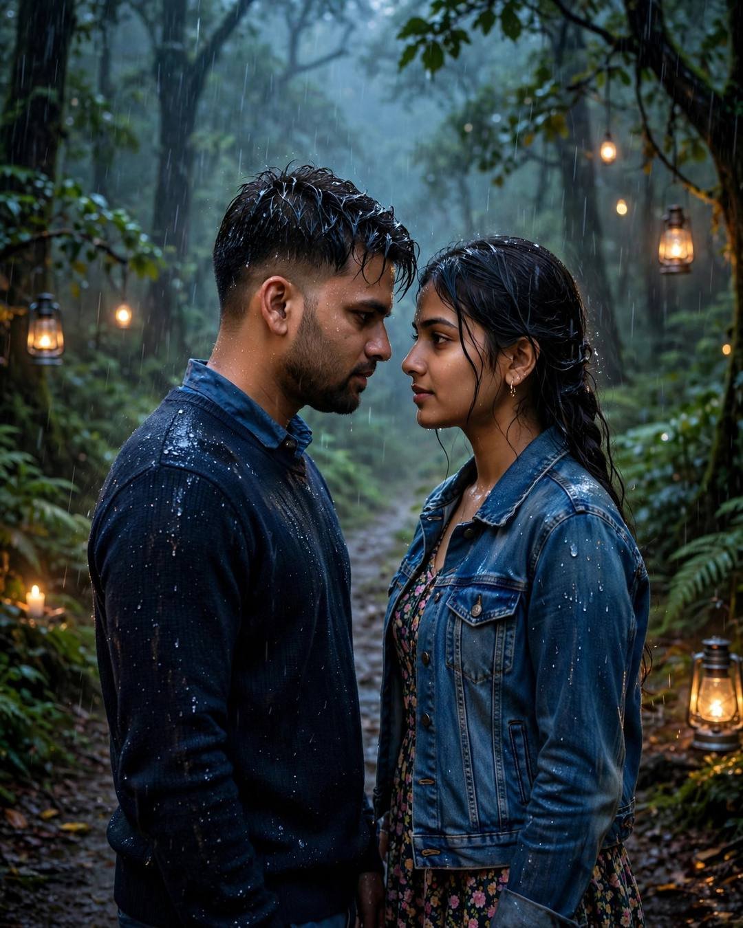 Couple standing face to face with foreheads almost touching on a misty forest path with hanging lanterns in heavy monsoon rain, man in navy sweater, woman in denim jacket over floral dress