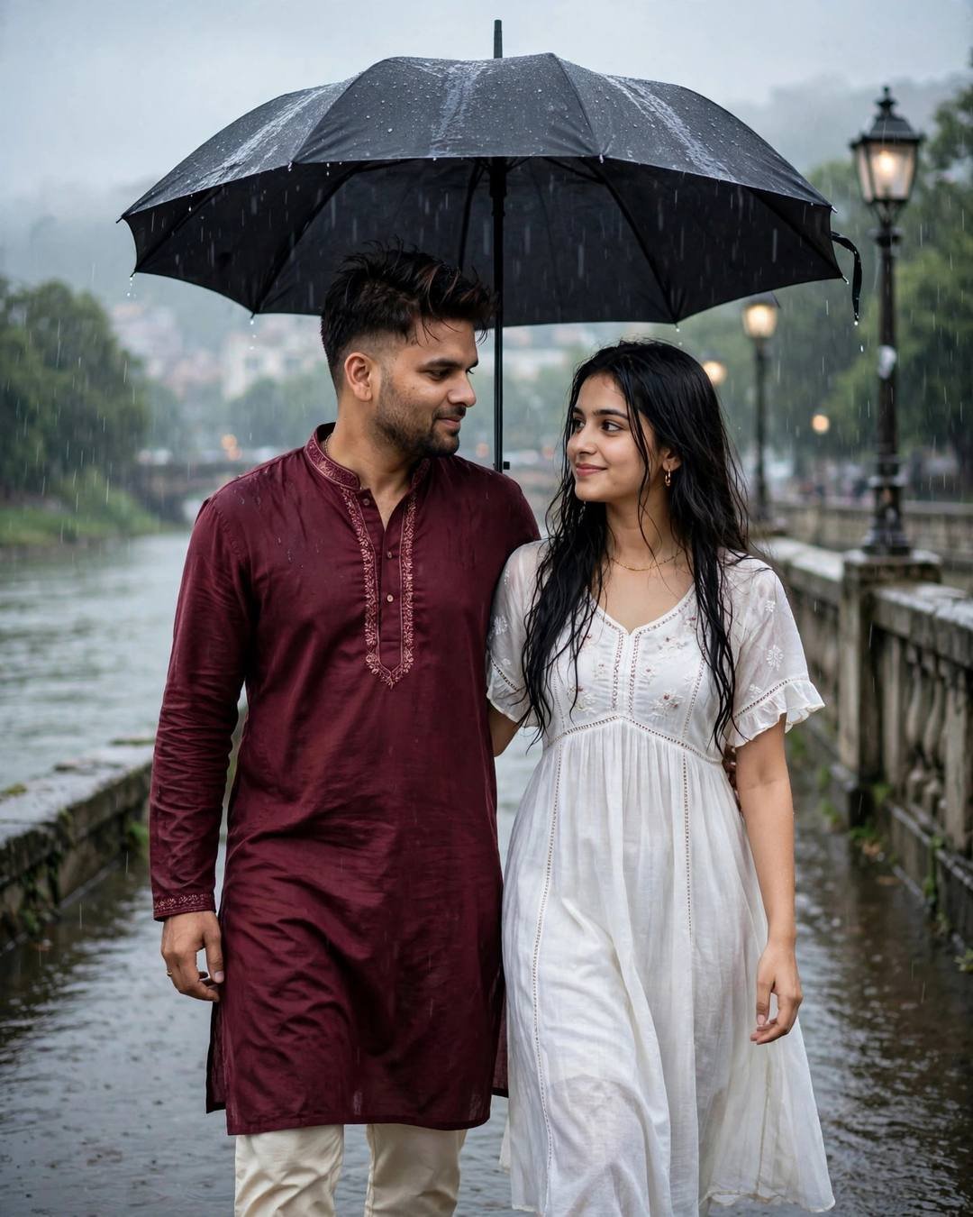 Couple walking under one umbrella on a rainy bridge, man in maroon kurta, woman in white dress