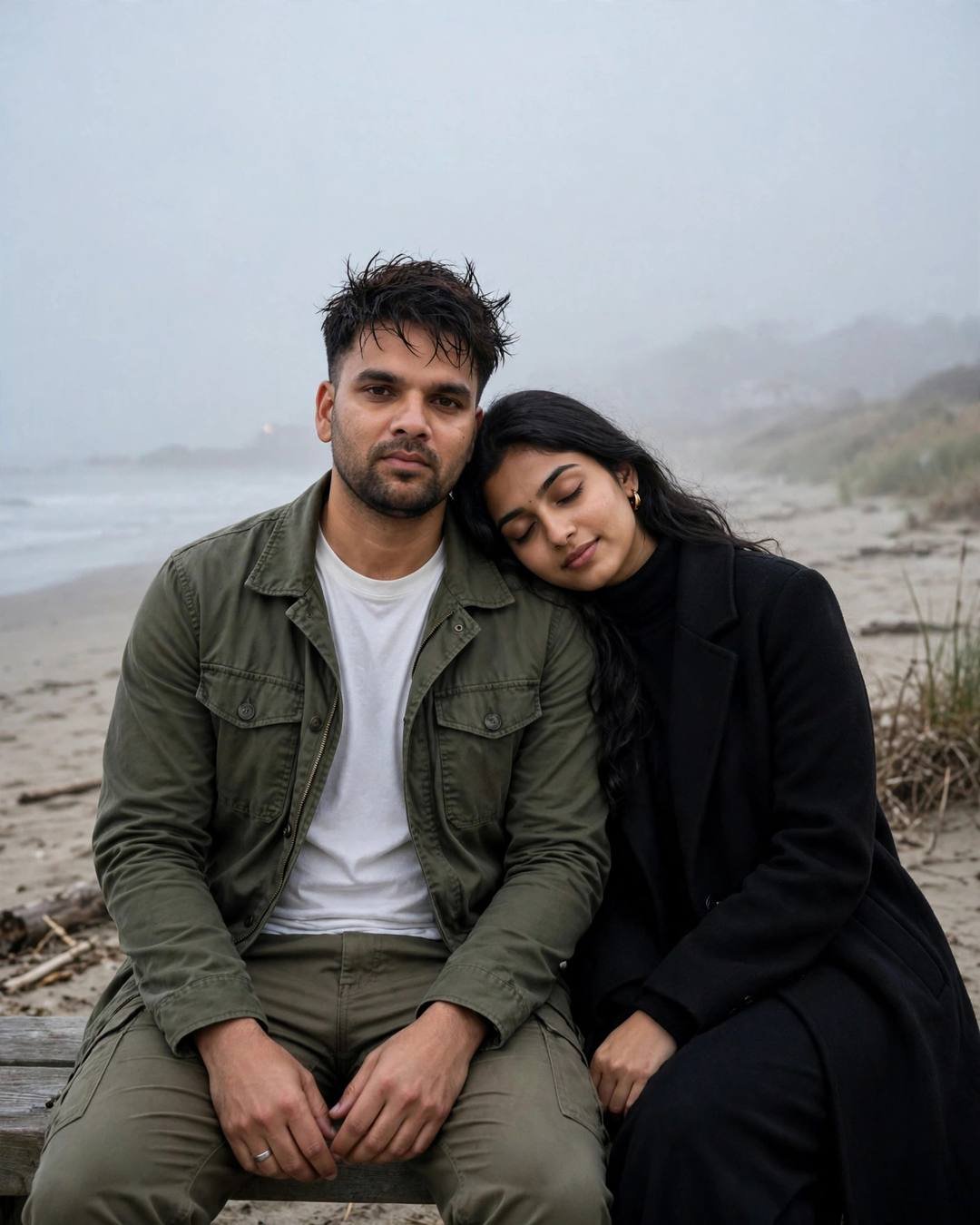 Couple on a foggy beach at dusk, woman resting her head on the man's shoulder, olive field jacket
