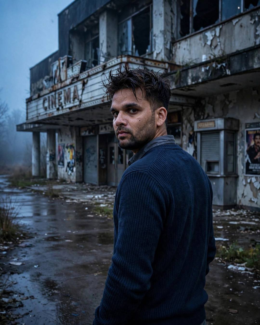 Young man in a navy sweater turning to look over his shoulder on an empty path before an abandoned cinema hall, blue hour, cinematic portrait