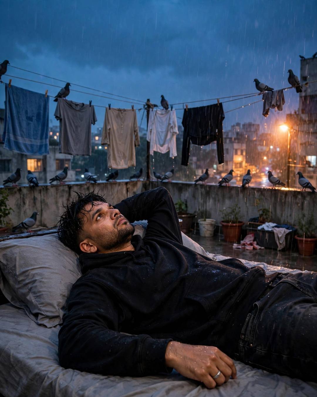 Young man in a black hoodie reclining on a terrace bed with one arm behind his head, clothes lines and pigeons around, heavy monsoon rain, warm lamp glow, cinematic portrait