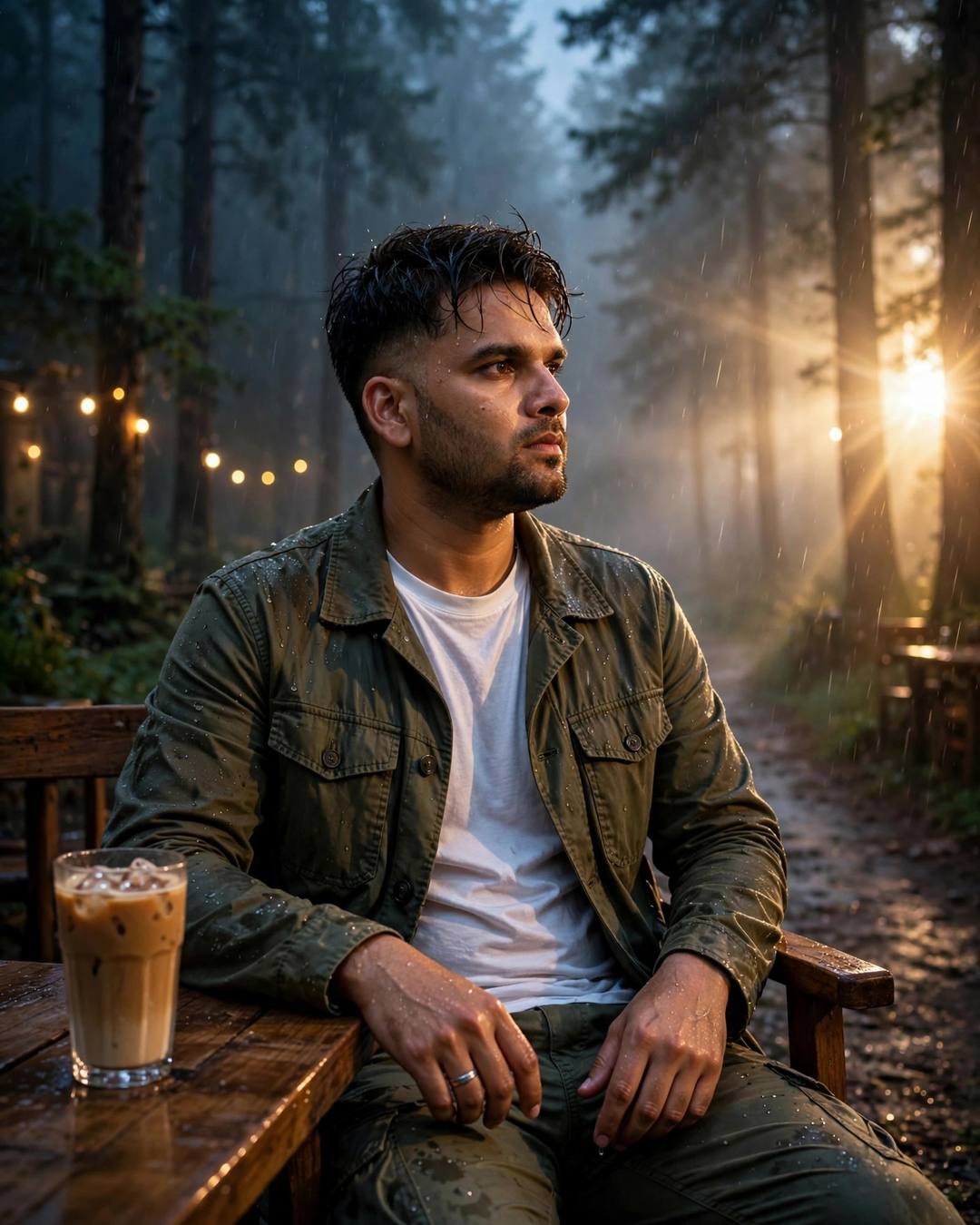 Young man in an olive field jacket seated at a cafe table with a cold coffee at a misty forest path at night, golden-hour backlight with lens flare, drizzle, cinematic portrait