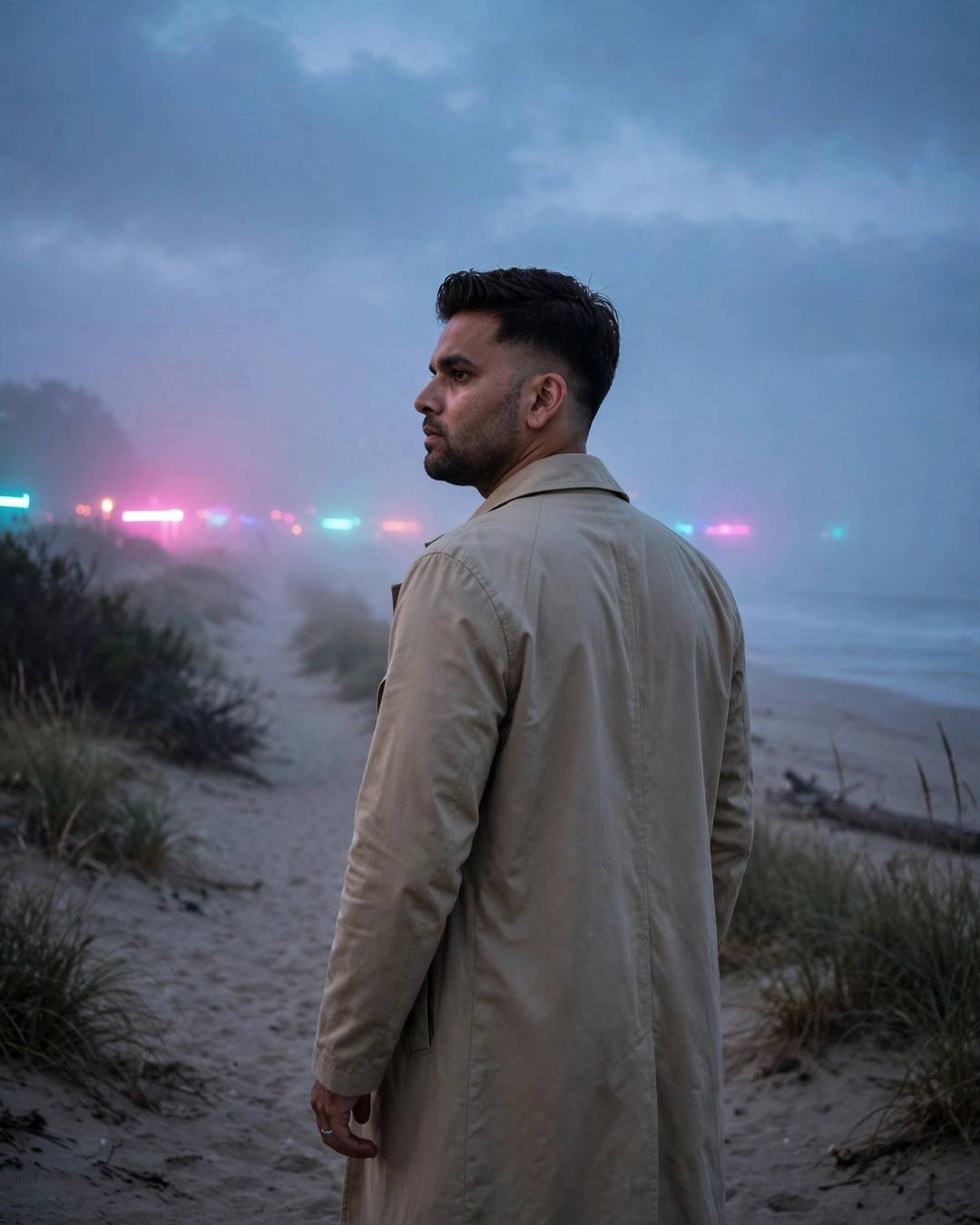 Young Indian man in a beige trench coat on a foggy deserted beach at dusk, pink and cyan neon lights glowing through mist