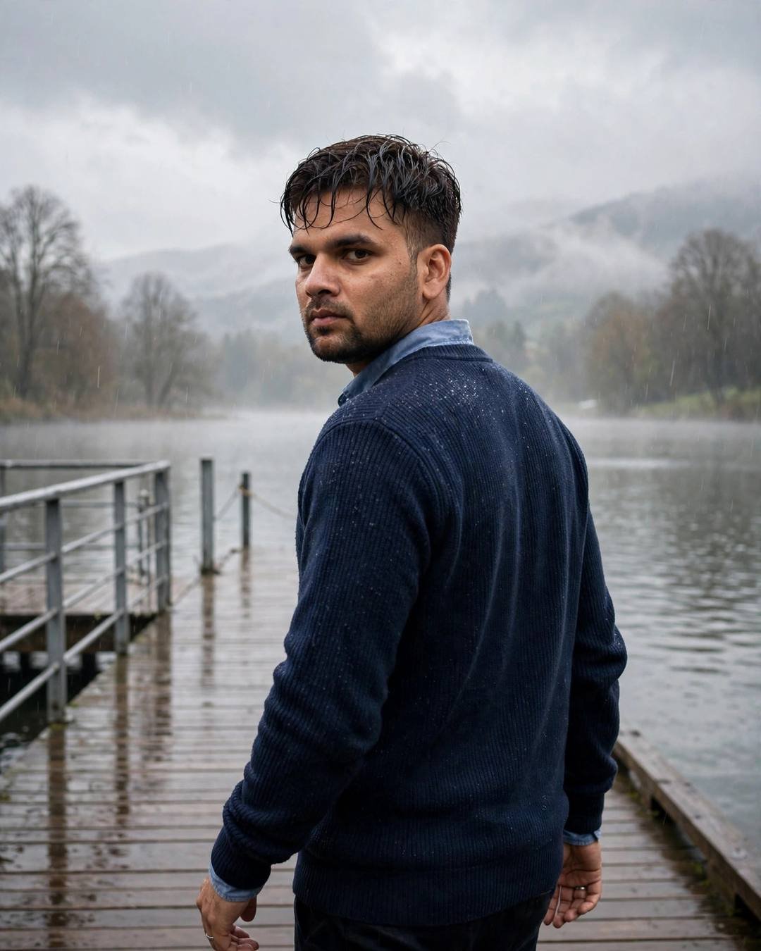 Young Indian man in a navy sweater on a rainy lake pier at dawn, looking back over his shoulder, misty mountains behind