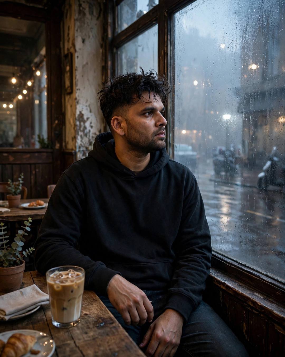 Young Indian man in a black hoodie sitting at an old cafe table, gazing out a rain-streaked fogged window, iced coffee on the table