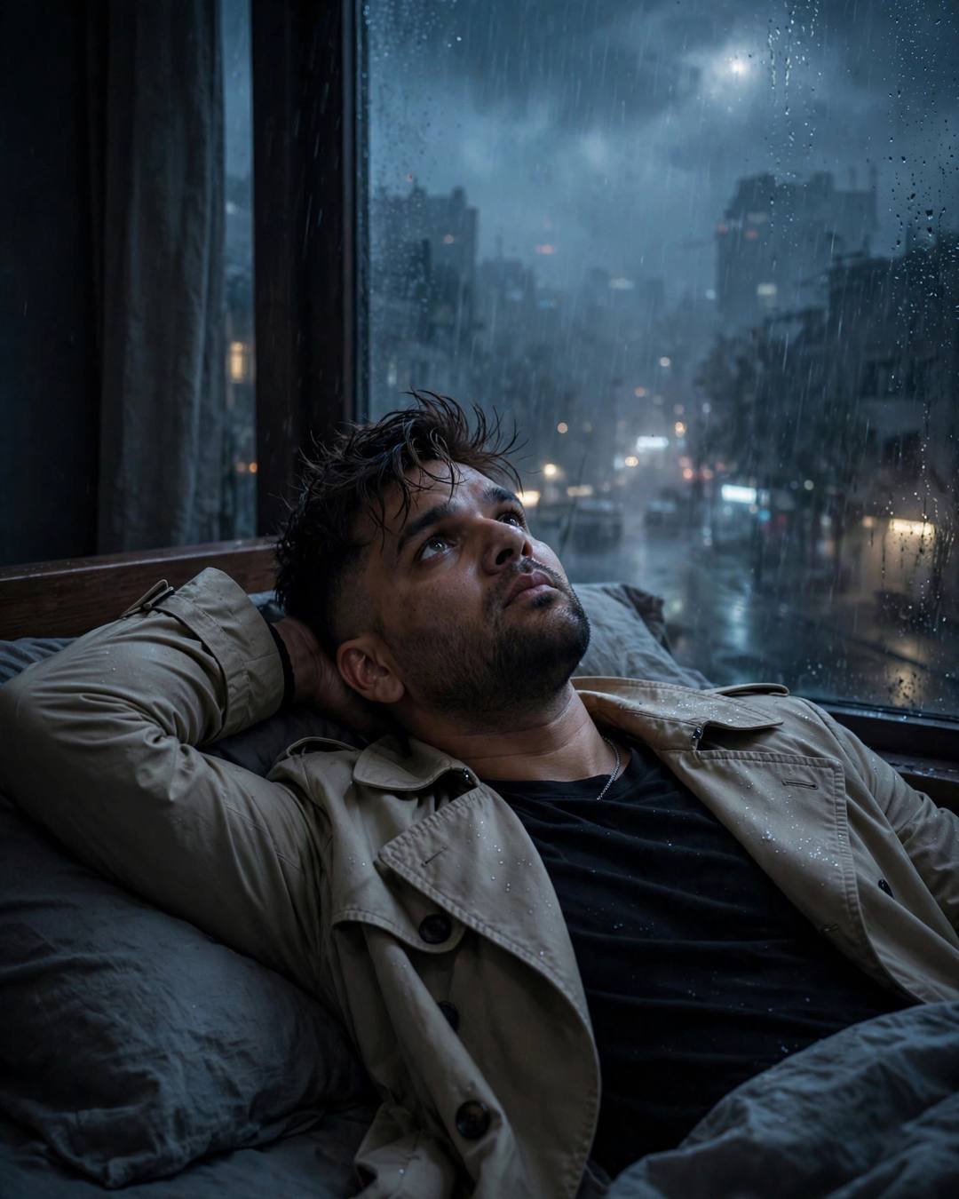 Young Indian man in a beige trench coat lying on a bed at midnight, one arm behind his head, rain streaming down the window behind