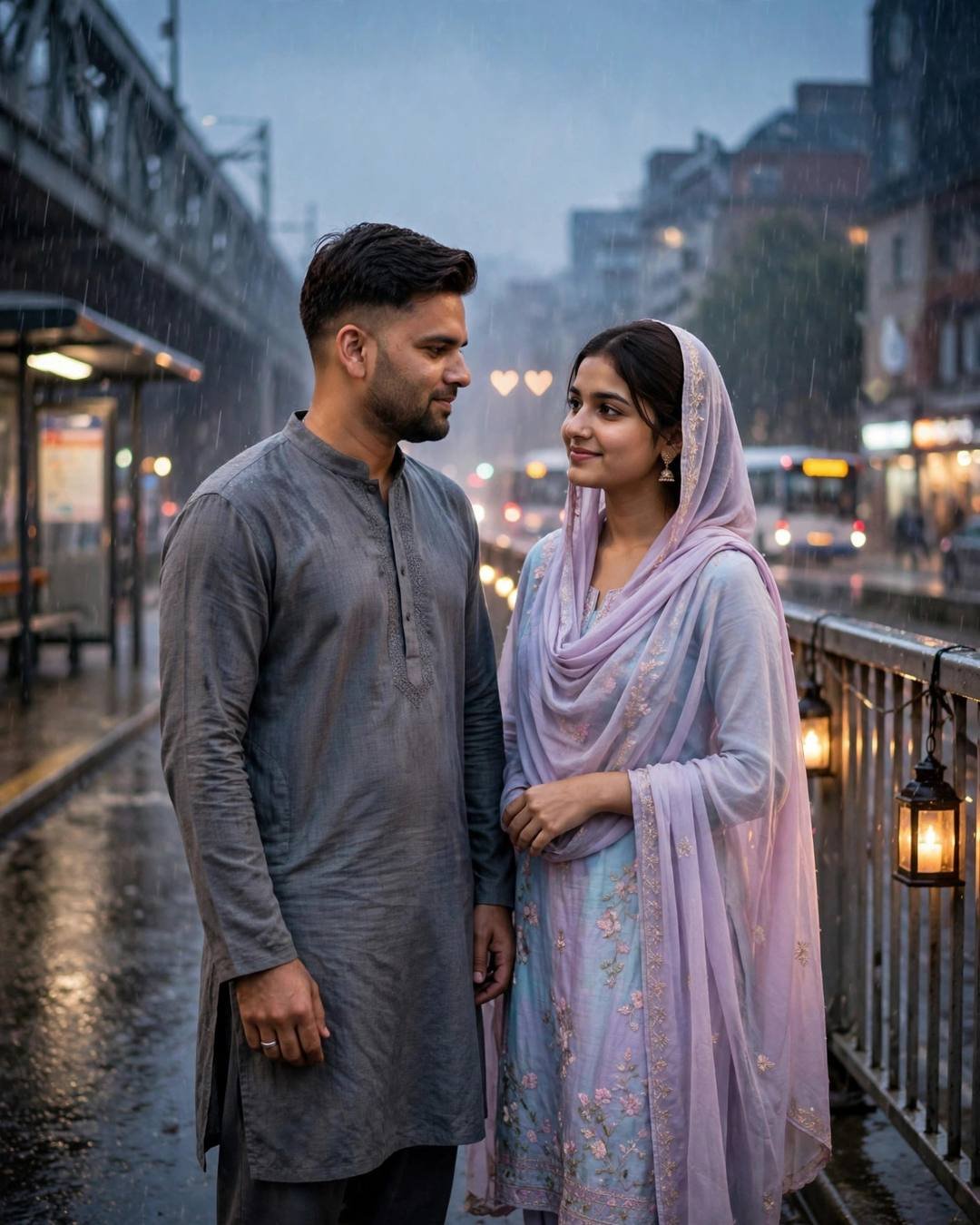 Indian couple — man in grey kurta, woman in pastel salwar-kameez — looking at each other on a rainy bridge with candlelit lanterns