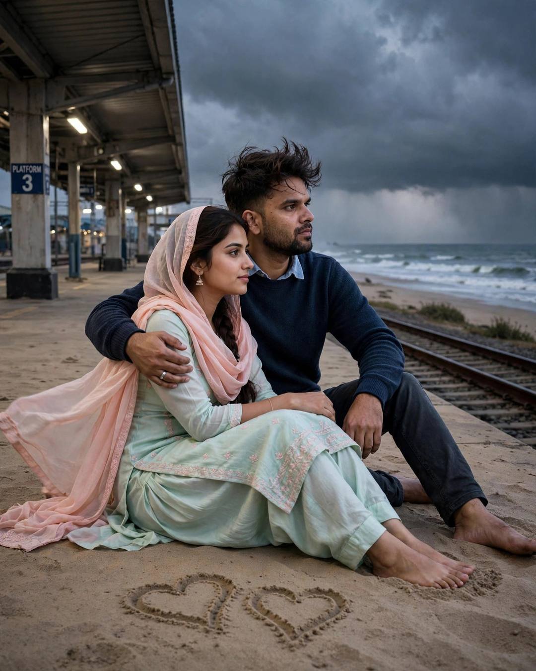 Indian couple sitting on a stormy shore — man in navy sweater with arm around woman in pastel salwar-kameez, hearts drawn in sand