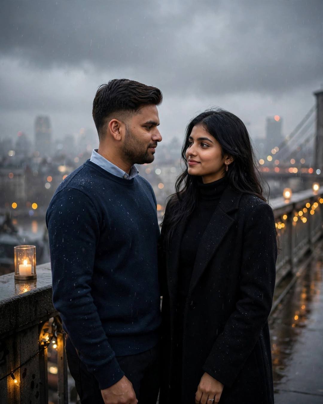 Indian couple — man in navy sweater, woman in black turtleneck and coat — looking at each other on a candlelit rooftop at dawn