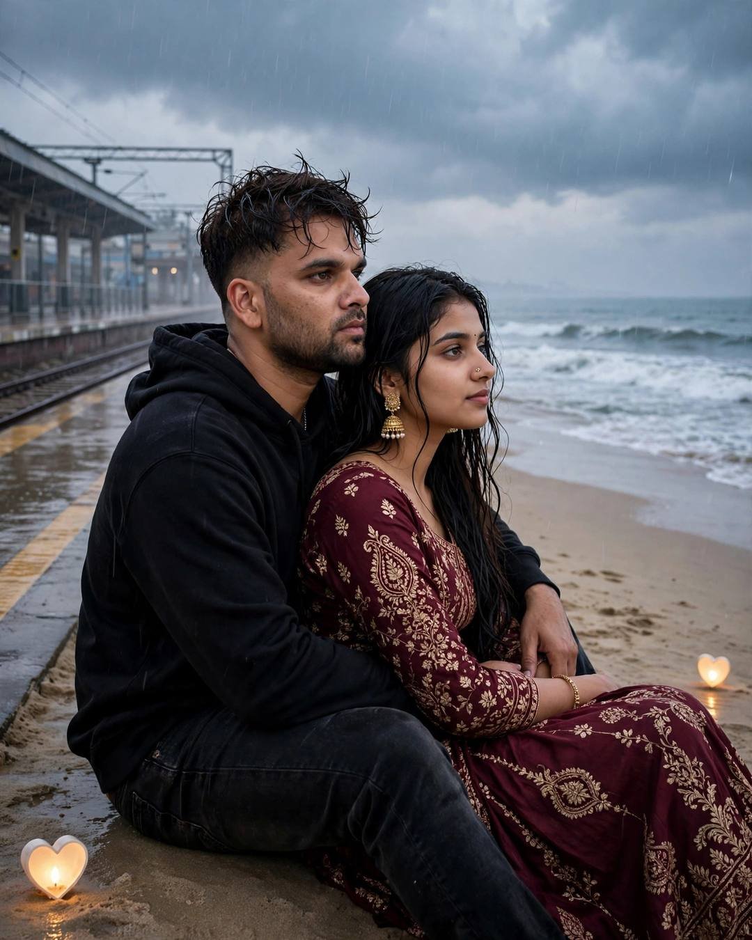 Indian couple — man in black hoodie, woman in maroon anarkali with jhumkas — sitting together on a rainy shore at dawn with heart candles