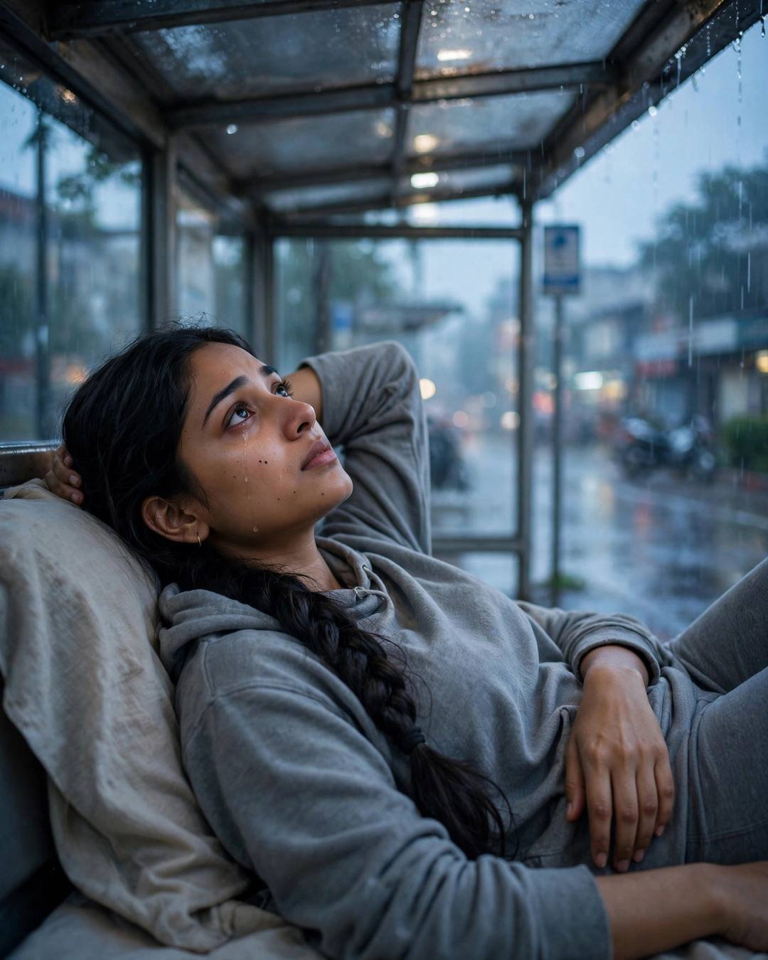 Young Indian woman in grey hoodie lying back at a rainy bus stop at dawn, a tear on her cheek