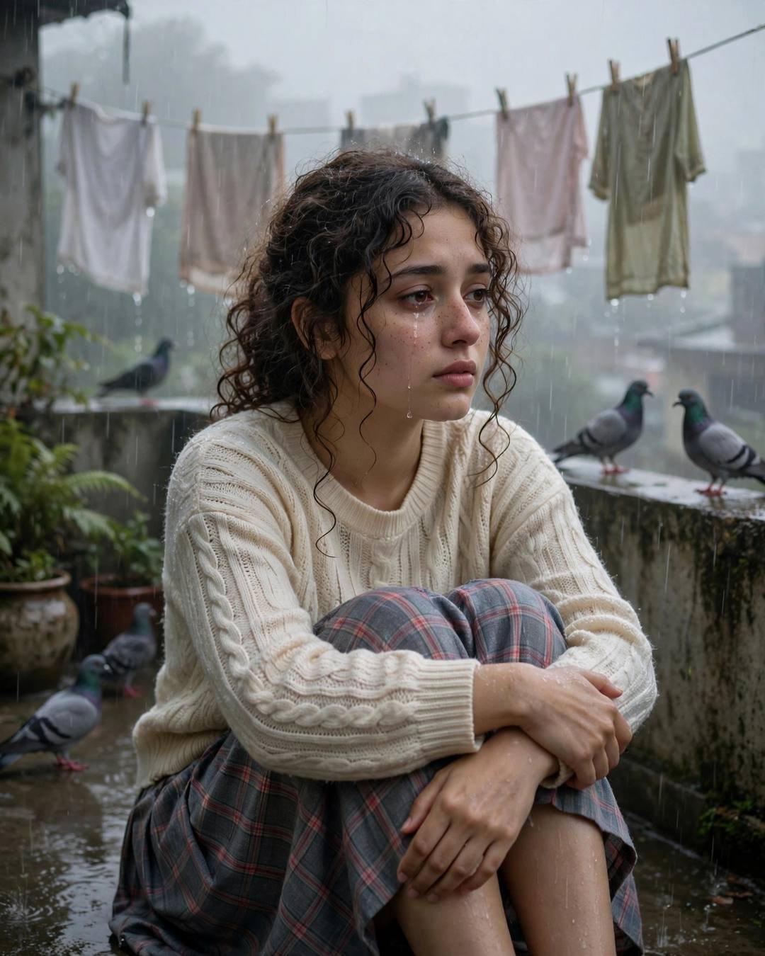 Young Indian woman in cream knit top sitting with knees drawn up on a rainy terrace with clothes lines and pigeons