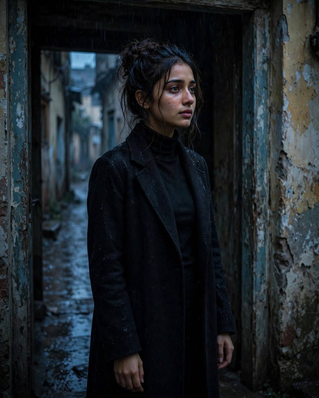 Young Indian woman in black turtleneck and long coat standing in a doorway in a rainy old-city lane at night