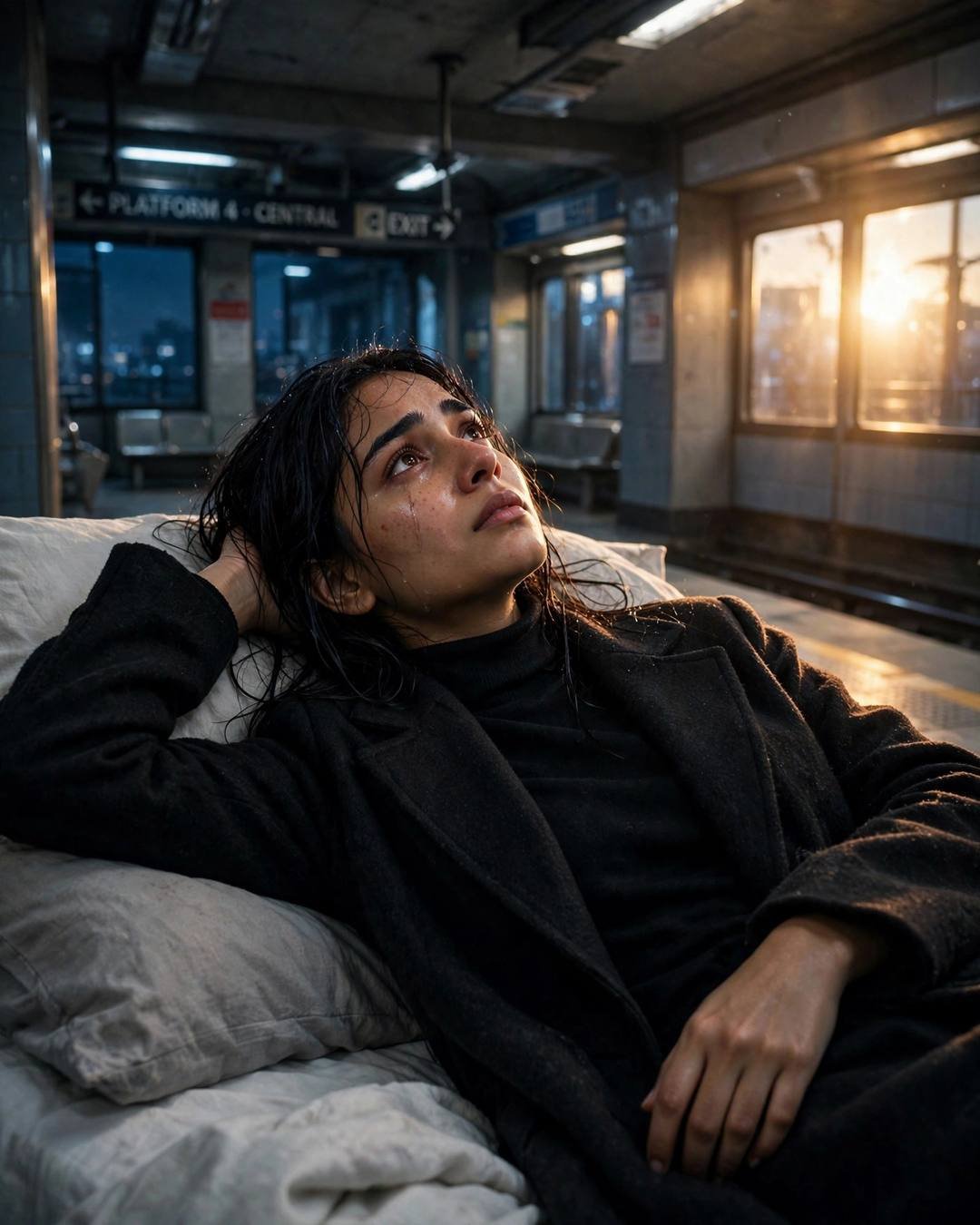 Young Indian woman in black coat lying on a bed at a midnight metro station, tearful, golden backlight