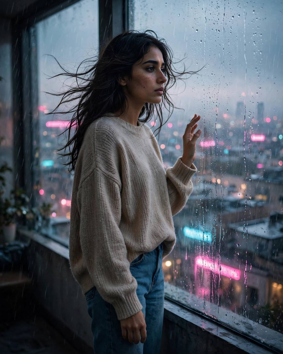 Young Indian woman in oversized beige sweater with hand on a rain-streaked window, neon city glowing pink and cyan below