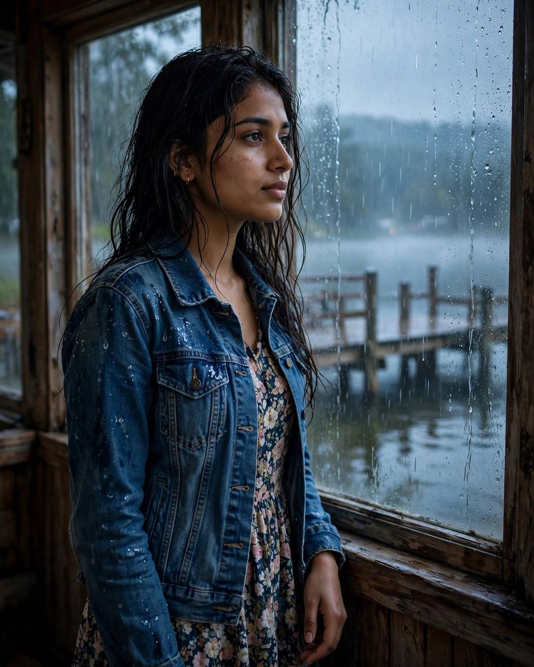 Young Indian woman in denim jacket over floral dress at a rain-streaked window overlooking a lake pier, wet hair