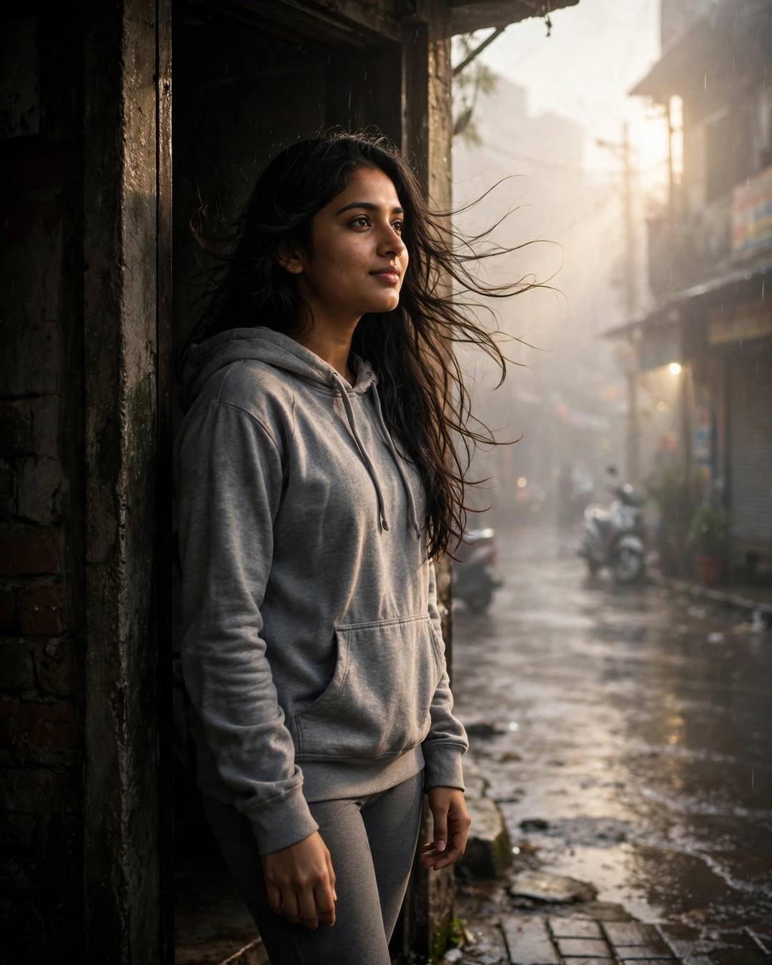 Young Indian woman in grey hoodie standing in a doorway in the rain, hair blowing in the wind, dawn light on a wet street