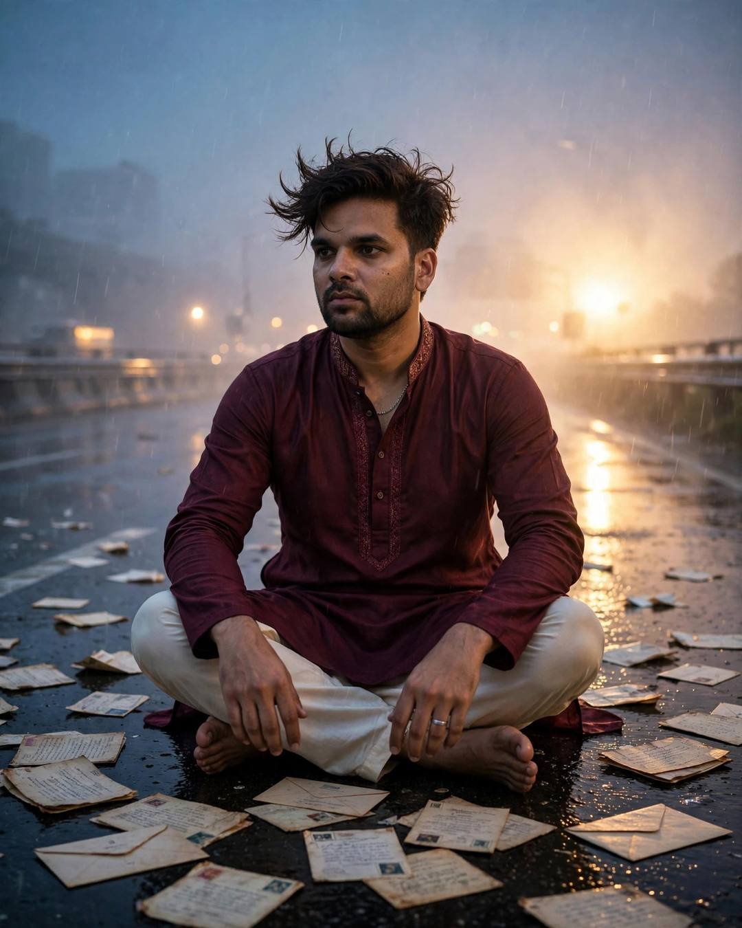 Young man in a maroon kurta sitting cross-legged among old letters on a rain-soaked city street, blue hour, golden-hour backlight with lens flare, cinematic portrait