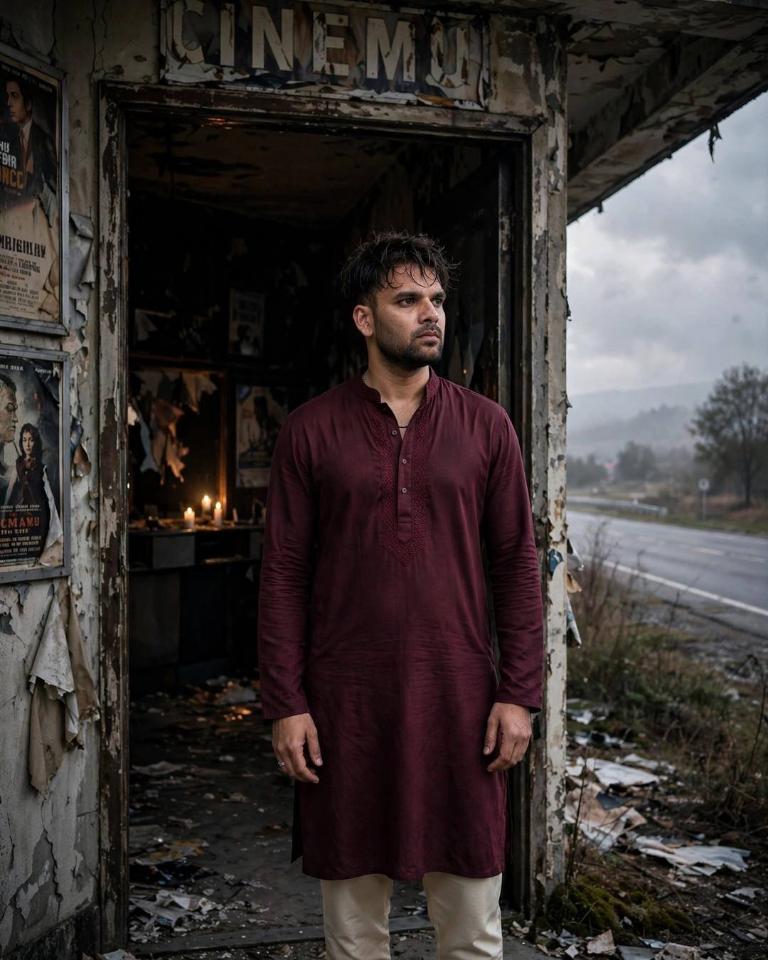 Young man in a maroon kurta standing half in shadow in the doorway of an abandoned cinema hall, candlelight inside, overcast afternoon, cinematic portrait