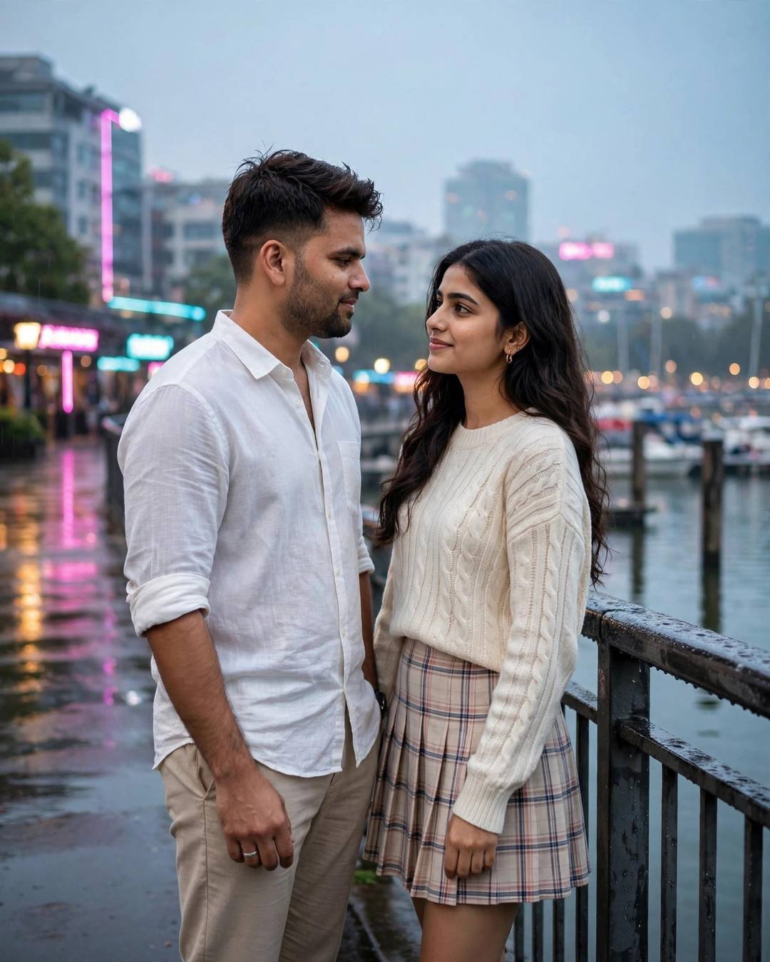 Young Indian couple gazing at each other on a rain-washed waterfront promenade at dusk, man in white linen shirt, woman in cream knit top and plaid skirt